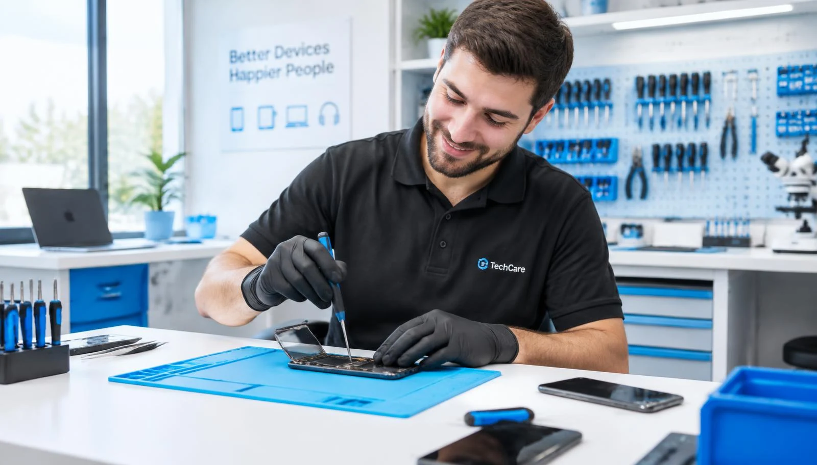 Technician repairing a smartphone at an electronics workbench