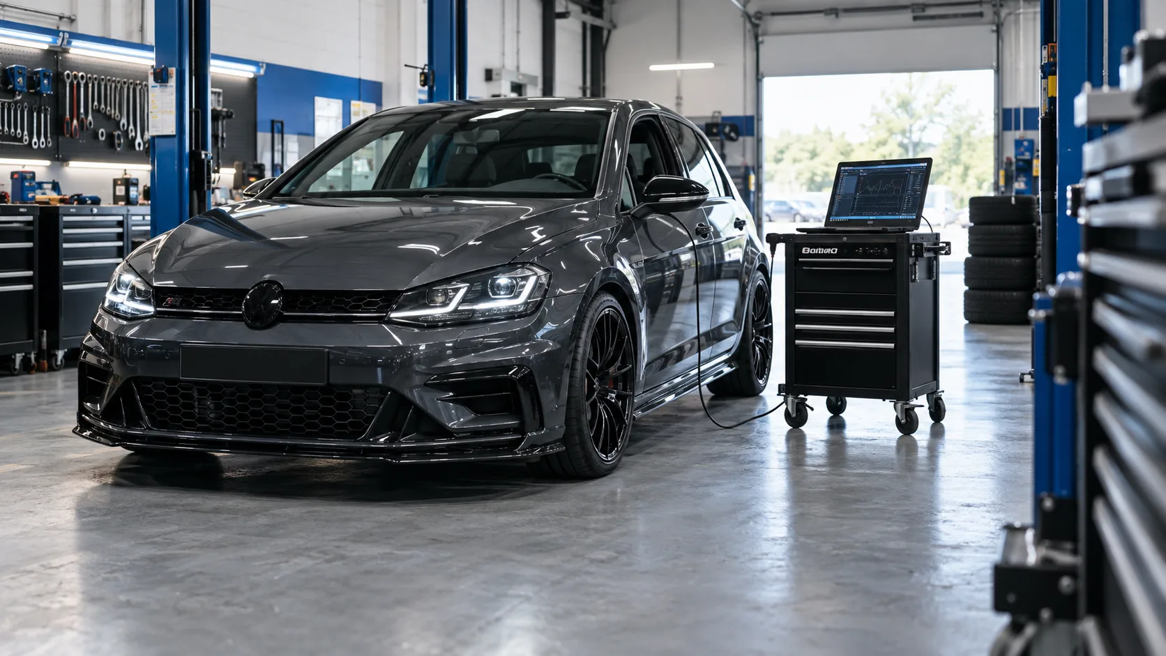 Car in a workshop beside a diagnostic laptop