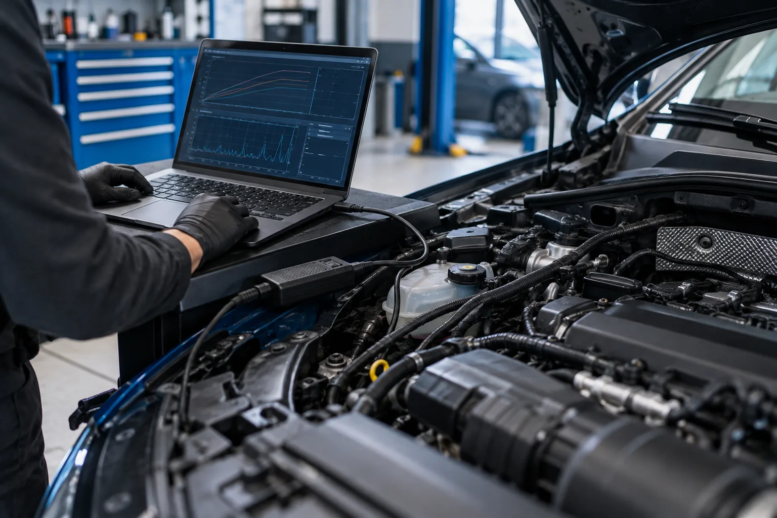 Technician analysing vehicle performance at an open engine bay