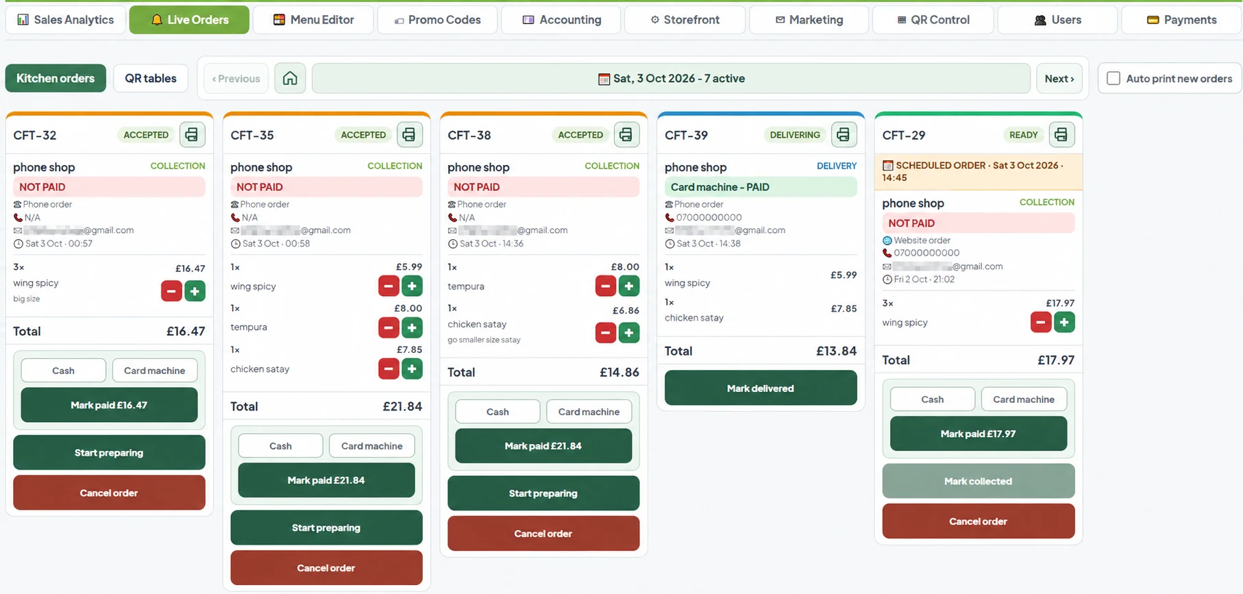 Example live order management dashboard